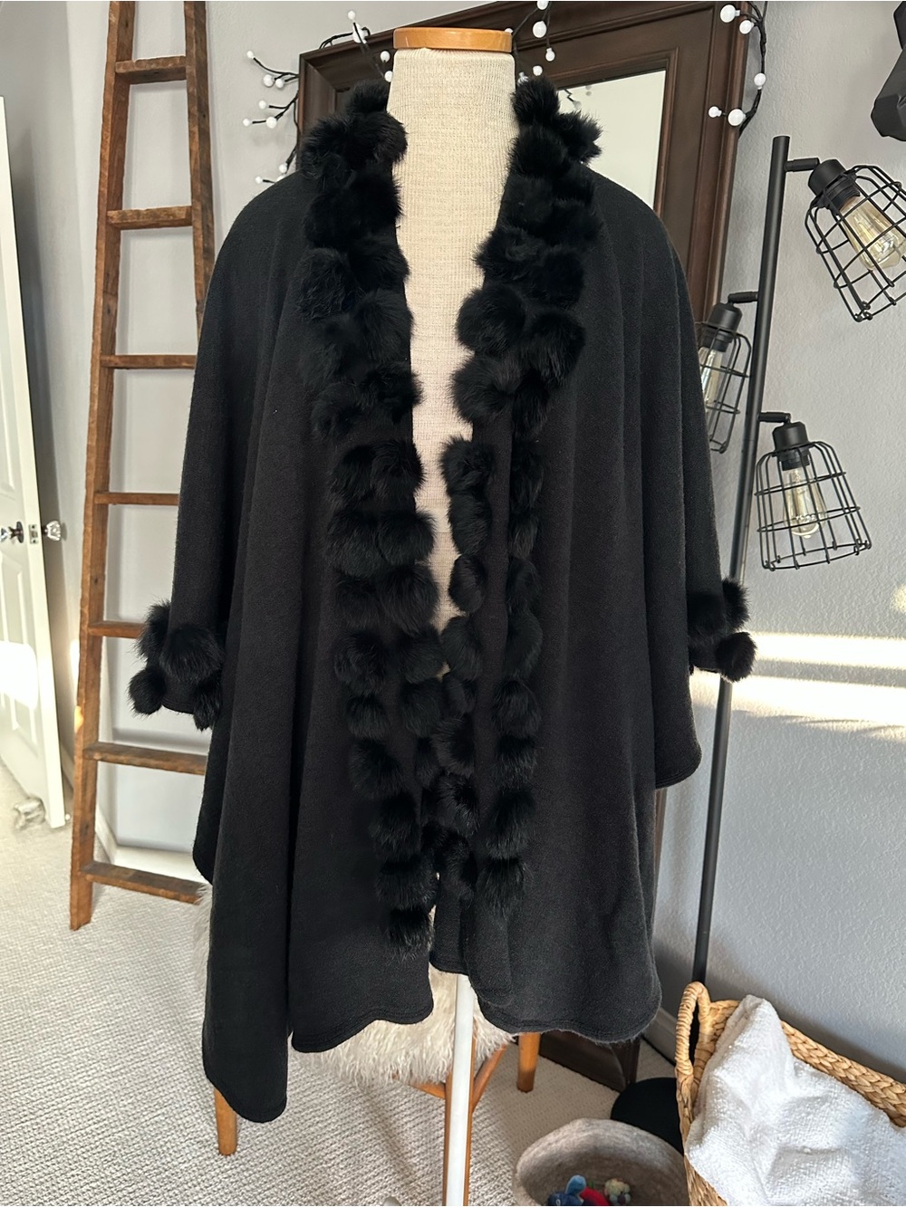 Black Knit Wrap with rabbit fur Pom Pom accents - Picture 3 of 11